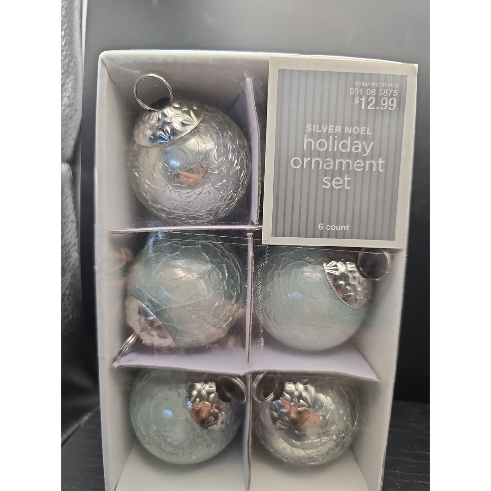 2008 Target Silver Noel Holiday Ornament Set Crackle Glass